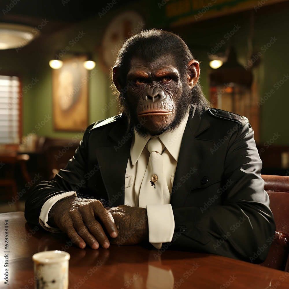 portrait of a chimpanzee wearing a formal suit, sitting at a wooden table in an indoor environment portrait of a chimpanzee wearing a formal suit, sitting at a wooden table in an indoor environment