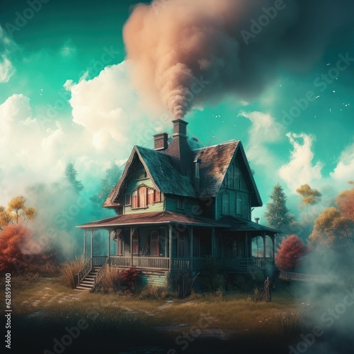 AI-generated illustration of an old, disused rustic house with a smoke-filled chimney.