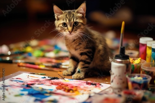 AI generated illustration of A cat sitting atop a wooden table surrounded by paint