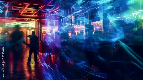 AI generated illustration of a busy urban street scene is illuminated by bright neon lights