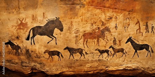 AI Generated. AI Generative. Primitive historical stone cave wall drawing art of animals hunting. Graphic Art