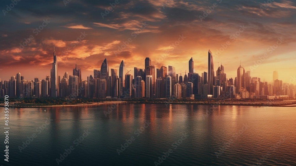 AI generated illustration of a majestic view of a vibrant city skyline at sunset