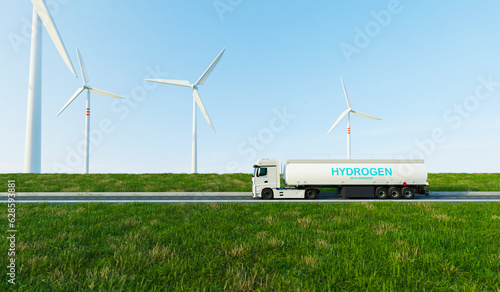 Hydrogen fuel transportation and storage, green power and zero emissions energy, big truck with hydrogen storage transfer with wind turbines or wind mill, 3d illustrations rendering