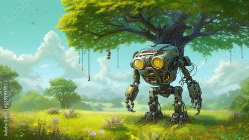 AI generated illustration of a robotic figure in a lush grass field with a blue sky and white clouds photo