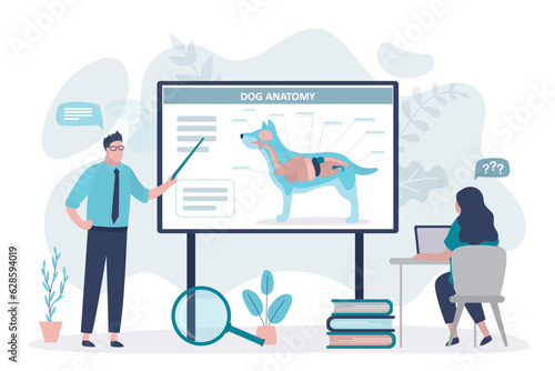 Lesson about dog anatomy at university. Teacher talks about internal organs of animal. Professor tells student about veterinary profession. Girl attends veterinary courses or classes.