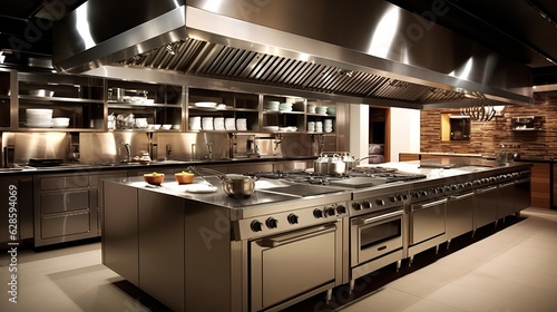 Design of a professional kitchen for a restaurant or cafe. Metal table. Kitchen equipment for catering. Cooking space. 