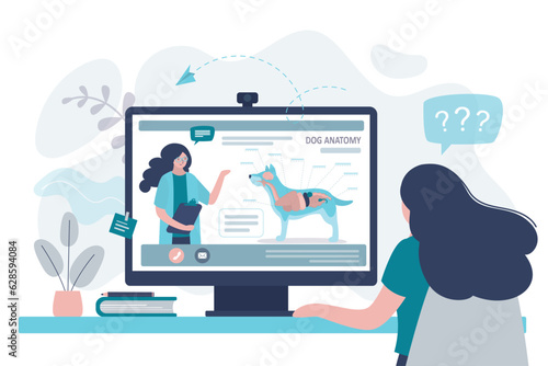 Online lesson about dog anatomy. Teacher talks about internal organs of animal. Tutor tells student about veterinary profession. Girl watching veterinary internet courses