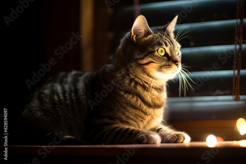 a cat sitting on a window sill with candles in the background