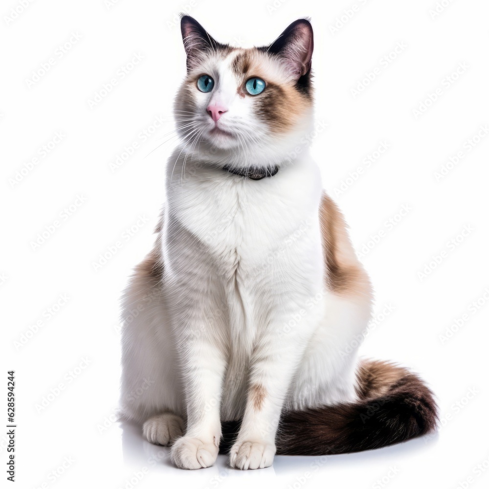 a cat with blue eyes sitting on a white background