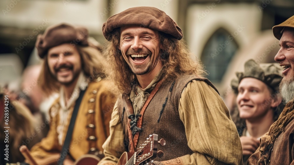 Fototapeta premium AI generated illustration of a group of minstrels performing music and entertaining the crowd