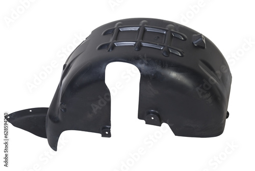 Фотография Black plastic fender liner on a white isolated background for sale or replacement in a car service