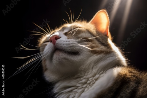 a cat with its eyes closed looking up at the sun