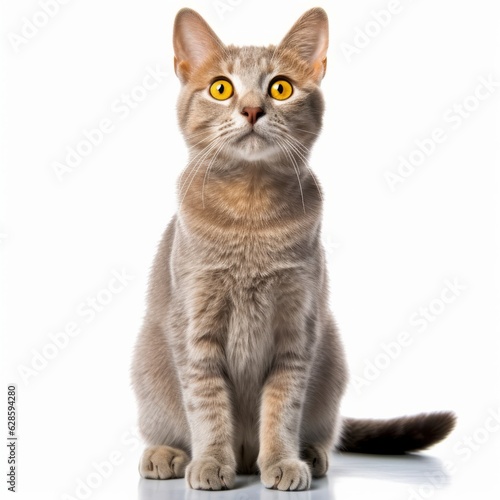 a cat with yellow eyes sitting on a white background