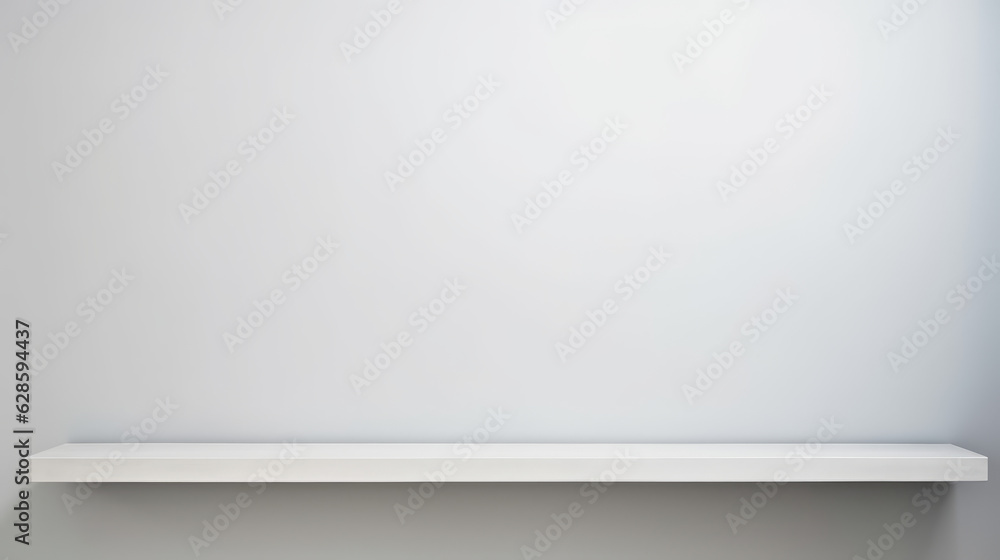 Universal minimalistic background for product presentation. White empty shelf on a light gray wall. Generative AI. Universal minimalistic background for product presentation. White empty shelf on a light gray wall. Generative AI.