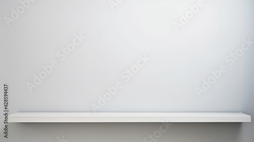 Universal minimalistic background for product presentation. White empty shelf on a light gray wall. Generative AI.