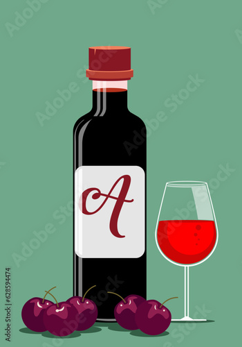 Vector illustration of a bottle of red wine with a glass filled with red wine and grapes.