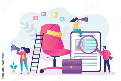 We are hiring, placard - vacant on an empty office chair. Recruitment process, HR agency select for new employees. Job interview, team of hr specialists in search of staff.
