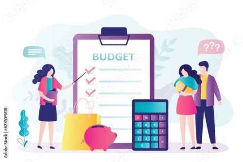 Financial literacy course. Young couple with newborn is talking to an accountant about proper seed budgeting. Calculation of income and expenses. Money management, budget planning