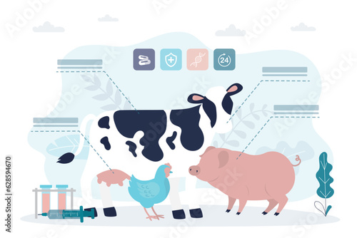 Veterinary care for farm animals - cow, pig, chicken. Health check, medicine, animal treatment. Agriculture industry, farming and animal husbandry healthcare and medical concept