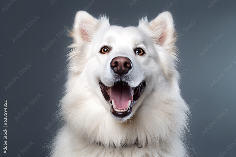 a close up of a white dog with its mouth open