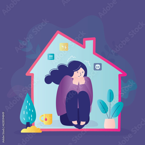 Sadness, mental depression, bad news concept. Young unhappy woman sitting on floor at home, hugging knees hands, feeling depressed by thoughts after negative events