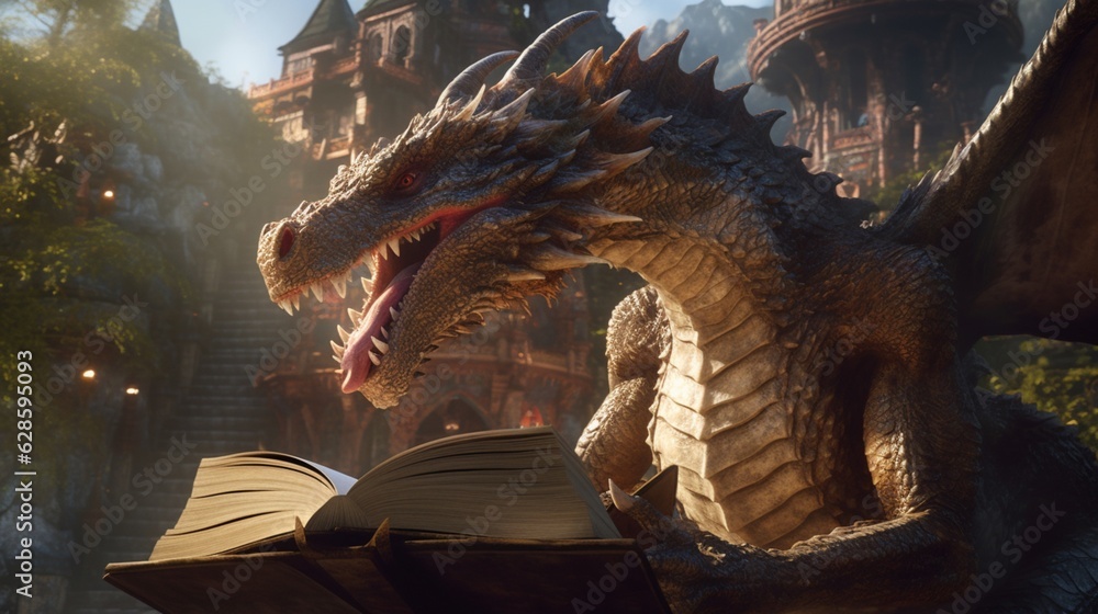 Dragon leyendo un cuento.Generative AI