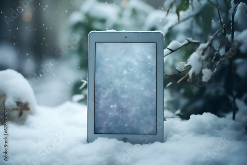 ereader in the snow - generative ai photo