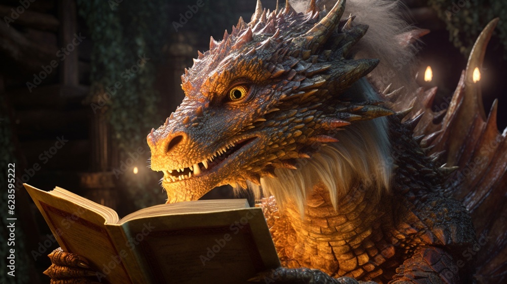 Dragon leyendo un cuento.Generative AI Dragon leyendo un cuento.Generative AI