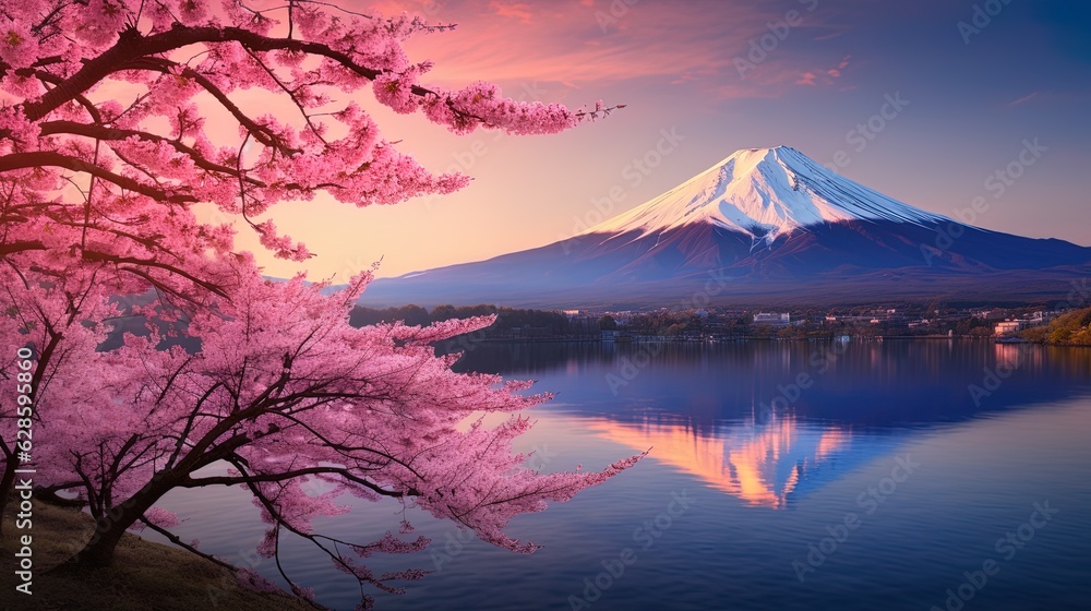 Photo of cherry blossoms and Mount Fuji in spring, Japan, generated by AI