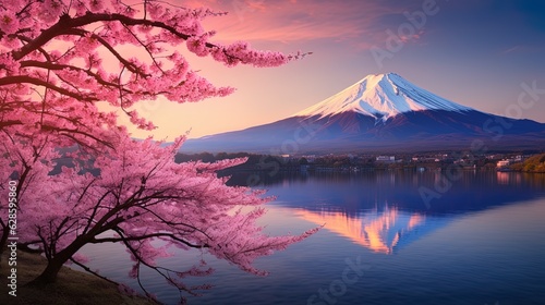 Photo of cherry blossoms and Mount Fuji in spring, Japan, generated by AI