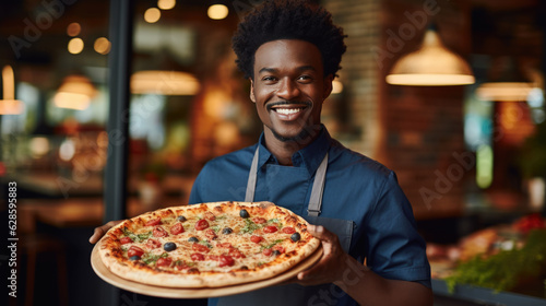 An African American male chef holds a finished pizza from the oven.