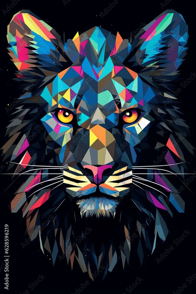 a colorful lion head with geometric shapes on a black background