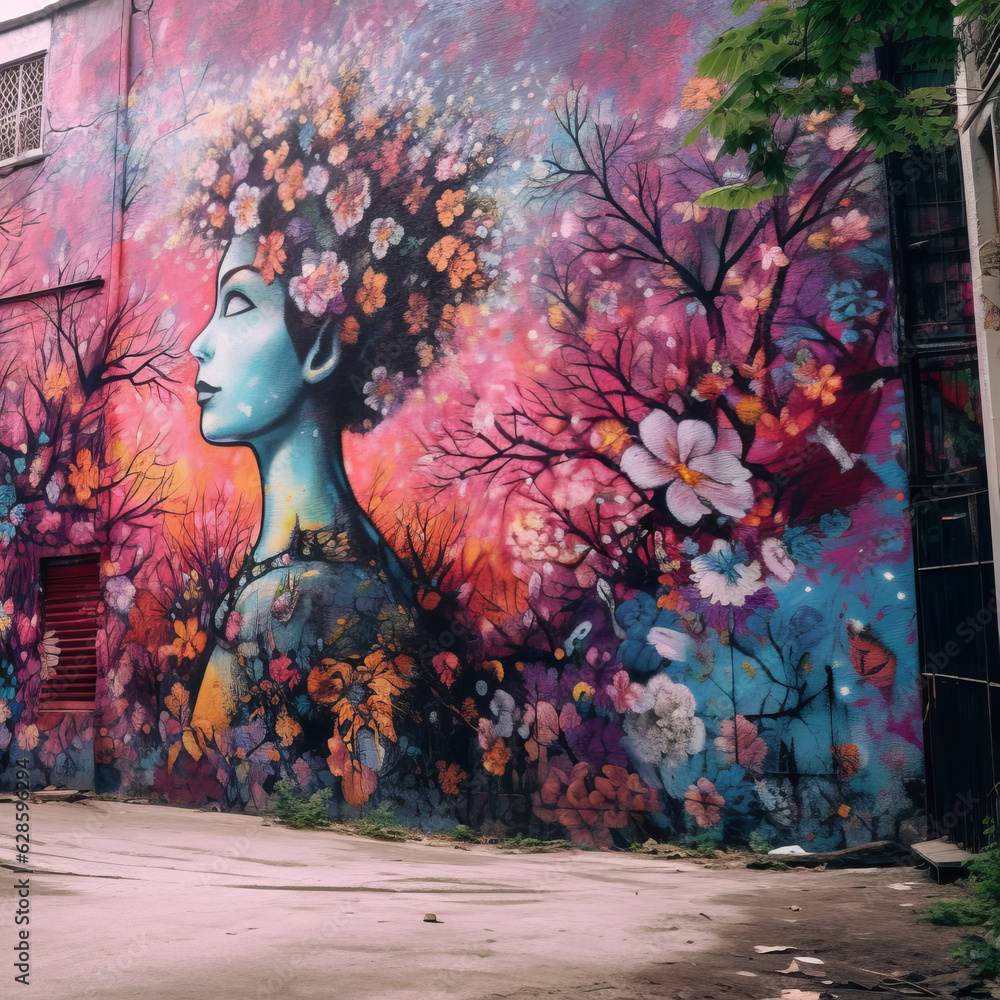 a colorful mural of a woman with flowers in her hair on the side of a building a colorful mural of a woman with flowers in her hair on the side of a building