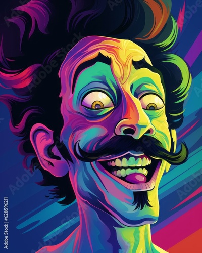 a colorful illustration of a man with a mustache and moustache
