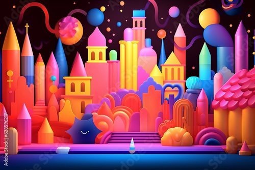 a colorful illustration of a city at night