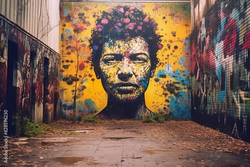 a colorful mural of a mans face on a wall in an alley