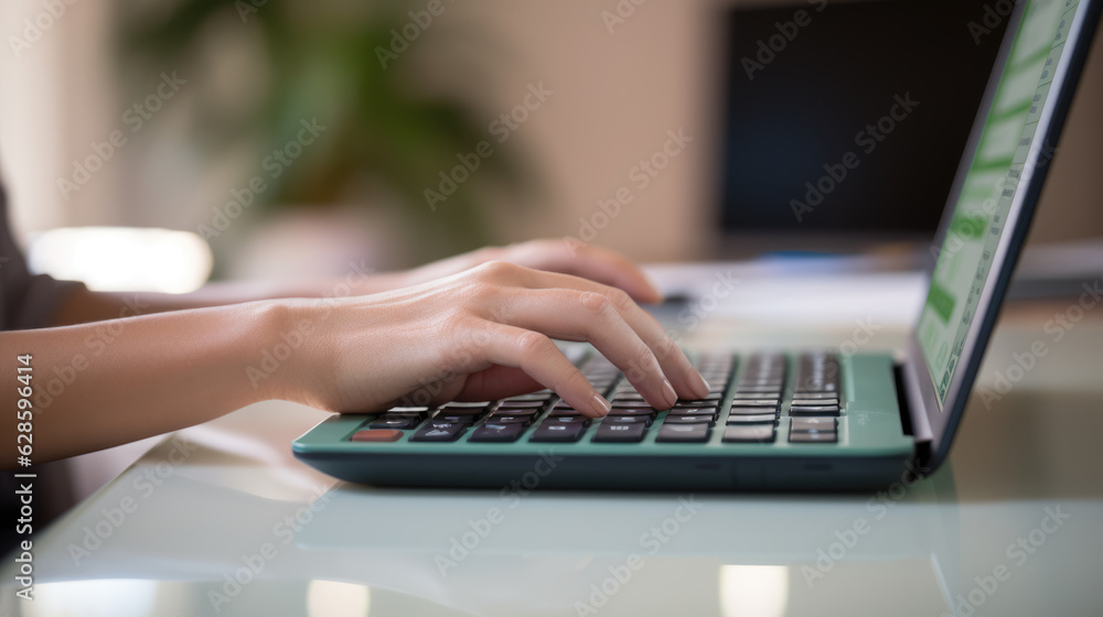 Closeup image of a business woman's hands working and typing on laptop keyboard on table. Created with Generative AI technology. Closeup image of a business woman's hands working and typing on laptop keyboard on table. Created with Generative AI technology.