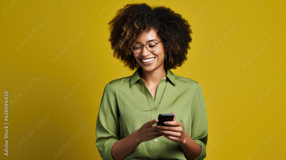 Smiling young woman is using a cell phone on a yellow background. Smiling young woman is using a cell phone on a yellow background.