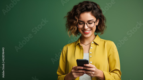 Smiling young woman is using a cell phone on a green ow background.