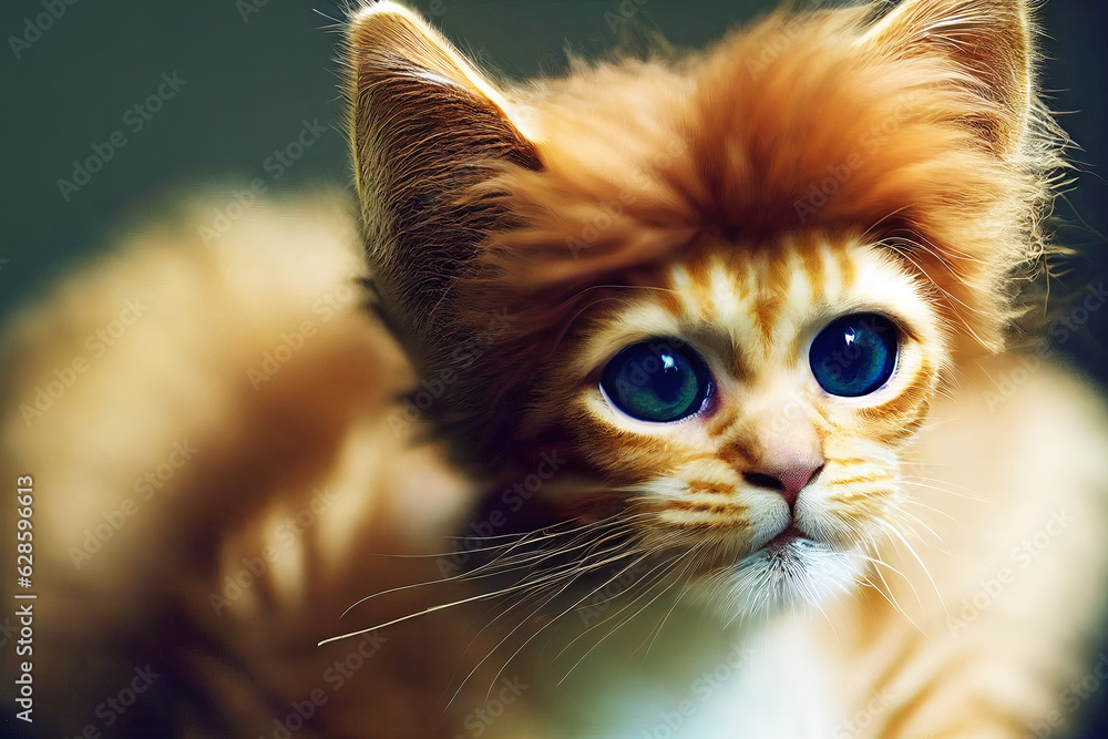 Funny red kitten with a hairstyle. Close-up. AI-generated