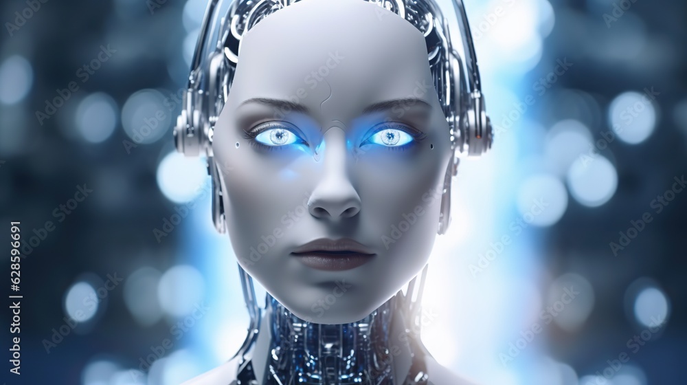 Holographic humanoid robot white skin with blue eyes Ai Image Generated Holographic humanoid robot white skin with blue eyes Ai Image Generated
