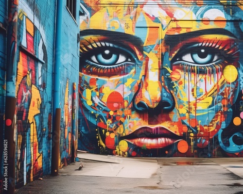 a colorful wall with a womans face painted on it