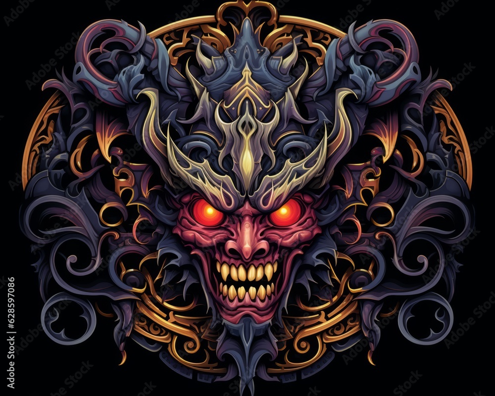 a demon head with red eyes on a black background