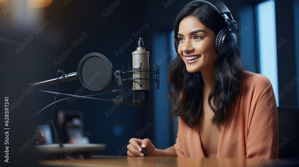 Young girl records a podcast in her home office. Young girl records a podcast in her home office.