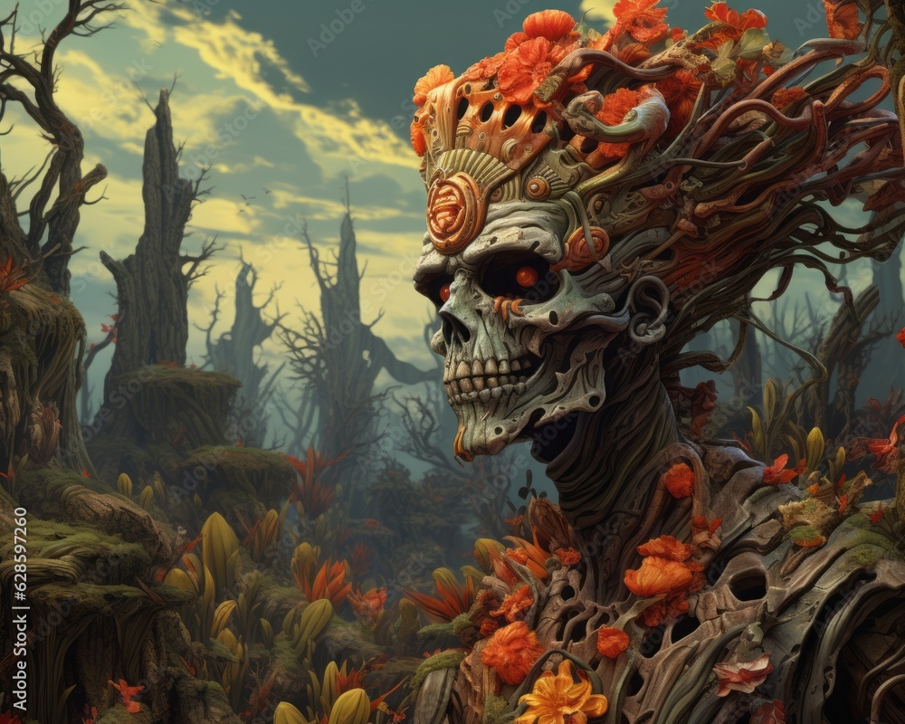 Fototapeta premium a digital painting of a skeleton with flowers on his head