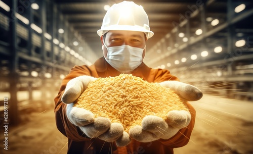 Closeup hands worker holds grain for production of white flour in automated modern mill for bread. Created with Generative AI technology. photo