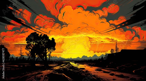 Atomic blast over the forest in colorful comic style. 