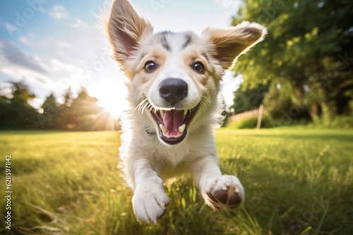 a dog running in the grass with its mouth open