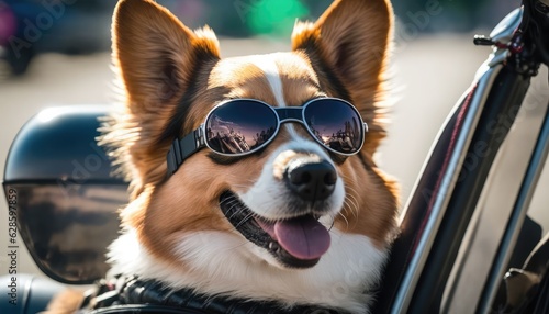 realistic and joyful doggy with glasses background for bike adventure generative ai © Align