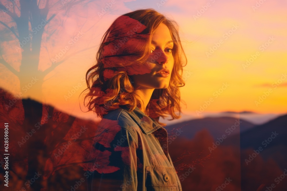 a double exposure of a woman standing in front of a sunset